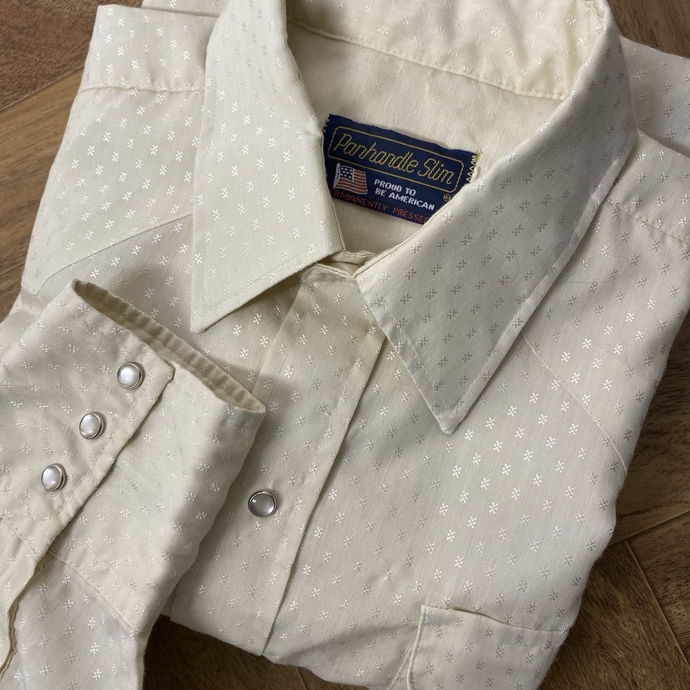 Vintage Panhandle Slim Western Pearl Snap Mens 16 34 Off White Shirt Made In USA